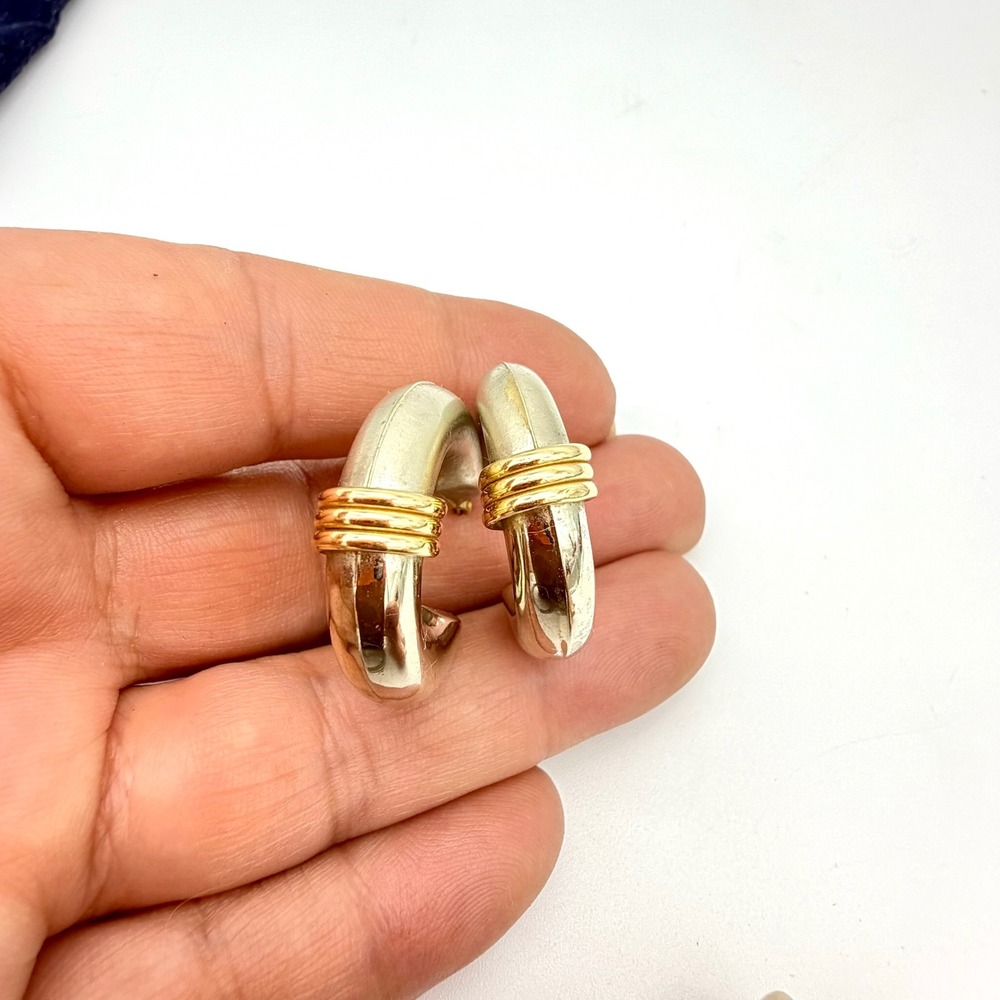 Womens Hoop Earrings 1.15" 14K Two-Tone Gold Chunky Tube White/Yellow Ribbed - Picture 7 of 16
